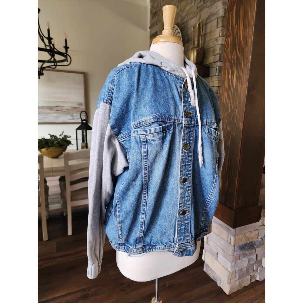 VTG Mens Denim Jacket Hoodie Combo Blue Gray Size L Streetwear Casual Outerwear
